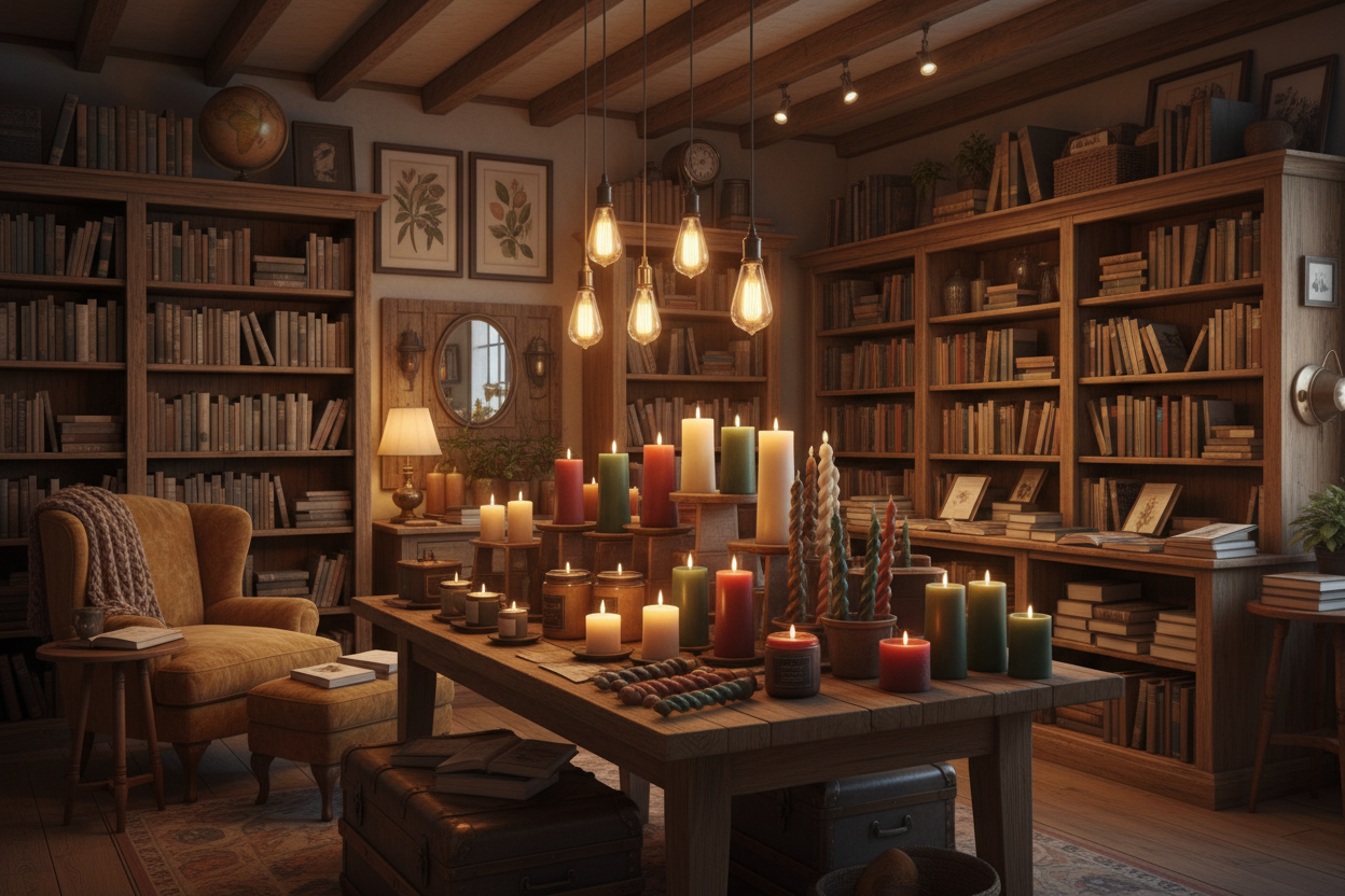 a cozy candle and book shop